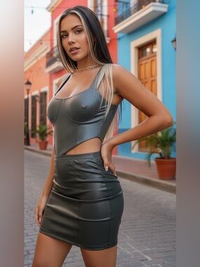 NWT PLT Olive Green Faux Leather Crop Corset & Mini Skirt Set Sz 8